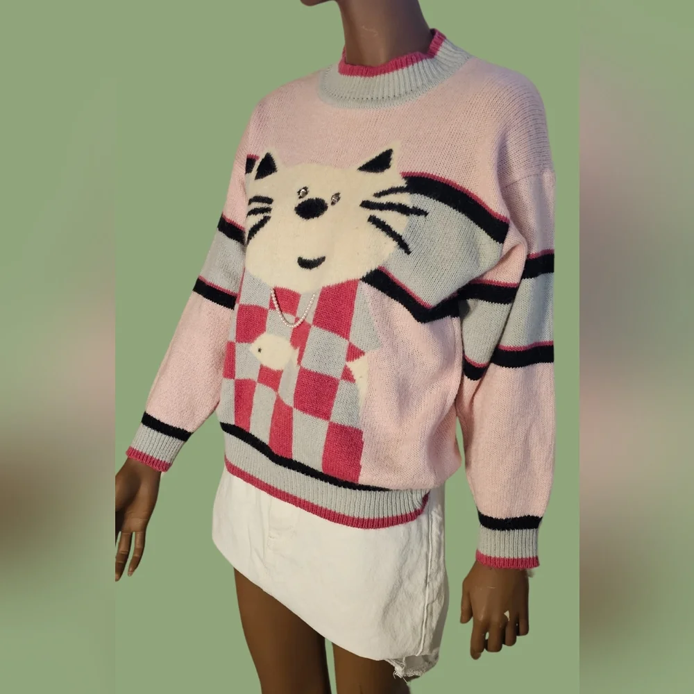 Vintage Pink Cat and fish Sweater size M with pearls details adorable and unique - Picture 5 of 8